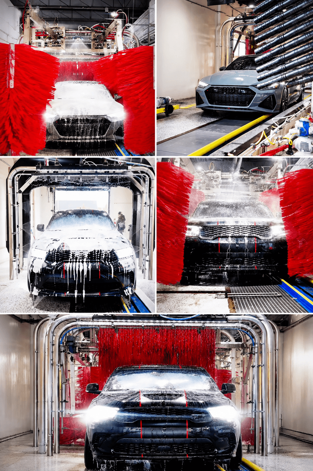 Cars moving through the foam and red brush stations inside Kallo's Express Car Wash tunnel